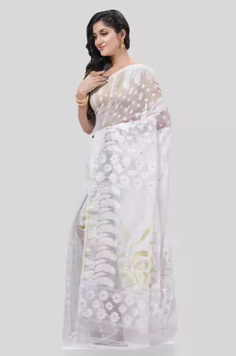 Desh bidesh resham dhakai jamdani pure cotton handloom saree lojjaboti design without blouse