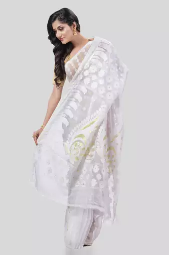 Desh bidesh resham dhakai jamdani pure cotton handloom saree lojjaboti design without blouse