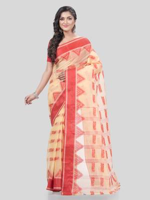Desh Bidesh Tant Pure Handloom Cotton Saree Woven Nabadurga Design Without Blouse 1