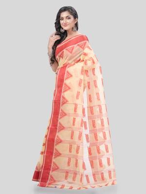 Desh Bidesh Tant Pure Handloom Cotton Saree Woven Nabadurga Design Without Blouse 3
