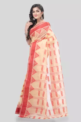 Desh Bidesh Tant Pure Handloom Cotton Saree Woven Nabadurga Design Without Blouse