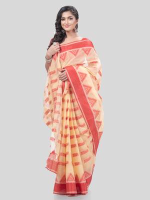 Desh Bidesh Tant Pure Handloom Cotton Saree Woven Nabadurga Design Without Blouse 4