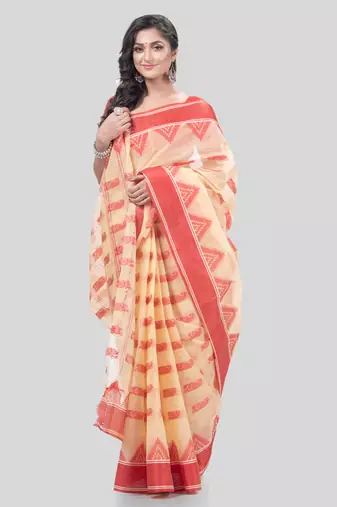 Desh Bidesh Tant Pure Handloom Cotton Saree Woven Nabadurga Design Without Blouse