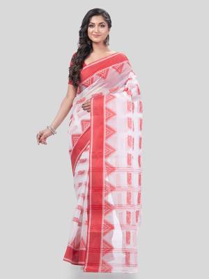 Desh Bidesh Tant Pure Handloom Cotton Saree Woven Nabadurga Design Without Blouse 1