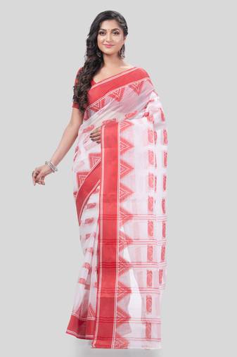 Desh Bidesh Tant Pure Handloom Cotton Saree Woven Nabadurga Design Without Blouse