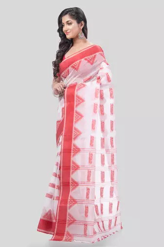 Desh Bidesh Tant Pure Handloom Cotton Saree Woven Nabadurga Design Without Blouse