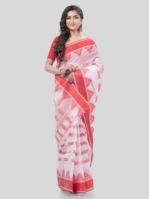 Desh Bidesh Tant Pure Handloom Cotton Saree Woven Nabadurga Design Without Blouse 3