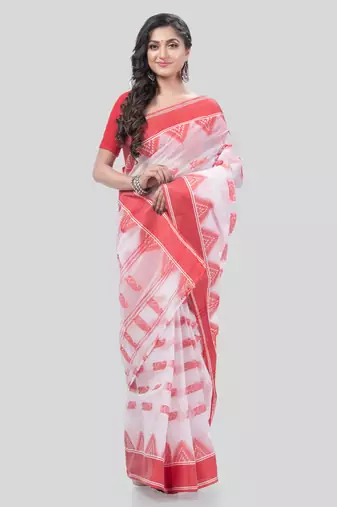Desh Bidesh Tant Pure Handloom Cotton Saree Woven Nabadurga Design Without Blouse