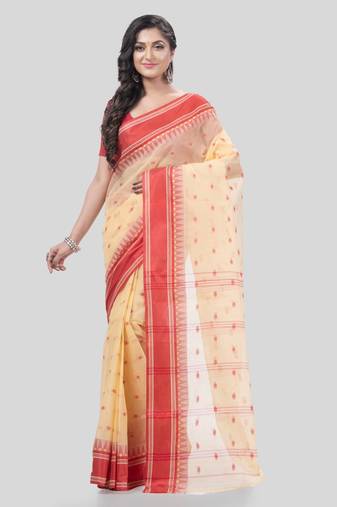 Desh Bidesh Tant Pure Handloom Cotton Saree Woven Temple Ball Design Without Blouse