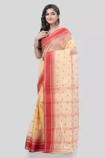 Desh Bidesh Tant Pure Handloom Cotton Saree Woven Temple Ball Design Without Blouse