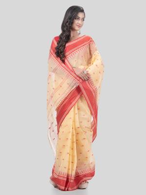 Desh Bidesh Tant Pure Handloom Cotton Saree Woven Temple Ball Design Without Blouse 4