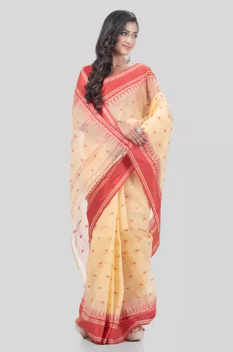 Desh Bidesh Tant Pure Handloom Cotton Saree Woven Temple Ball Design Without Blouse