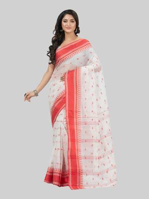 Desh Bidesh Tant Pure Handloom Cotton Saree Woven Temple Ball Design Without Blouse 1