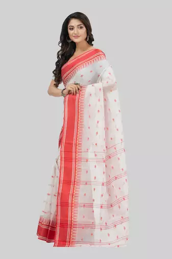 Desh Bidesh Tant Pure Handloom Cotton Saree Woven Temple Ball Design Without Blouse
