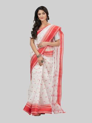 Desh Bidesh Tant Pure Handloom Cotton Saree Woven Temple Ball Design Without Blouse 4