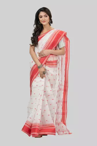 Desh Bidesh Tant Pure Handloom Cotton Saree Woven Temple Ball Design Without Blouse