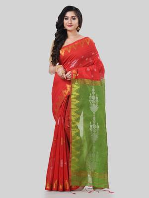 Desh bidesh tant cotton silk handloom cotton blend saree jharbati work with blouse 1