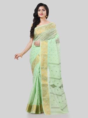 Desh bidesh bengal tant zari kerala printed pure handloom cotton saree without blouse 1