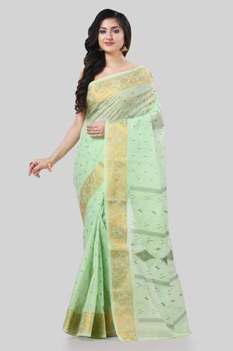 Desh bidesh bengal tant zari kerala printed pure handloom cotton saree without blouse