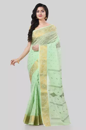 Desh bidesh bengal tant zari kerala printed pure handloom cotton saree without blouse