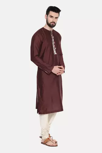 Brown Silk Printed Kurta Set