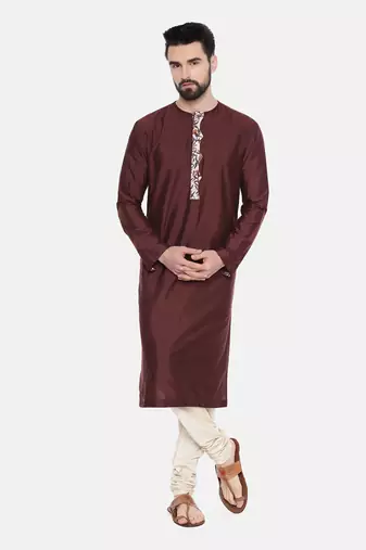 Brown Silk Printed Kurta Set