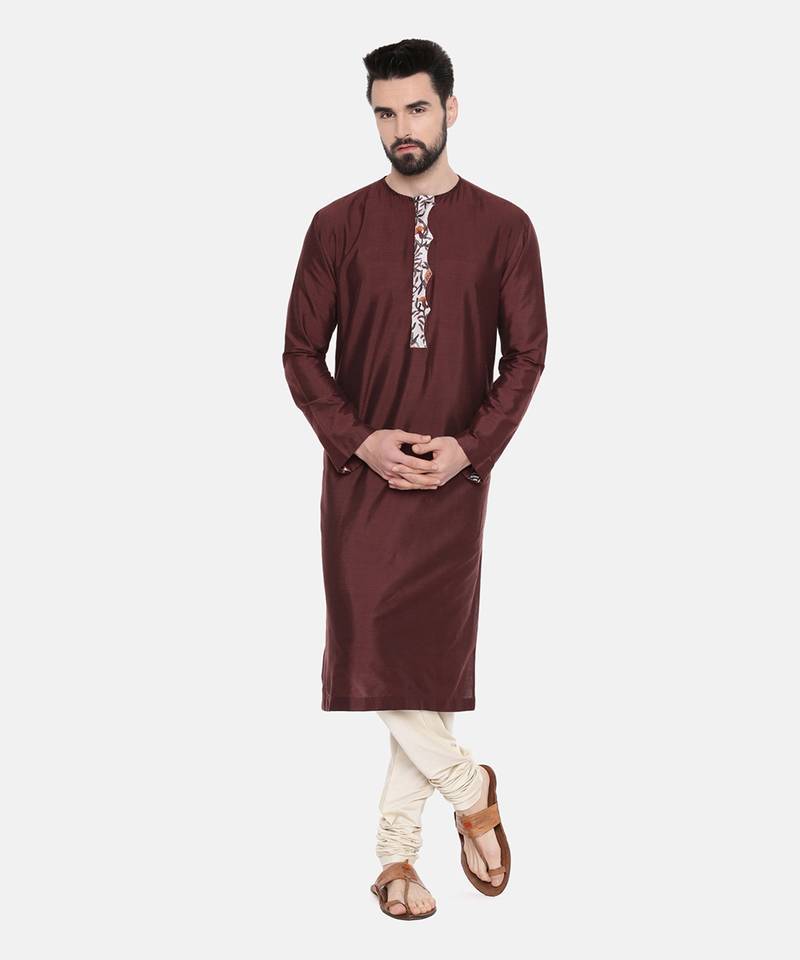Brown Silk Printed Kurta Set