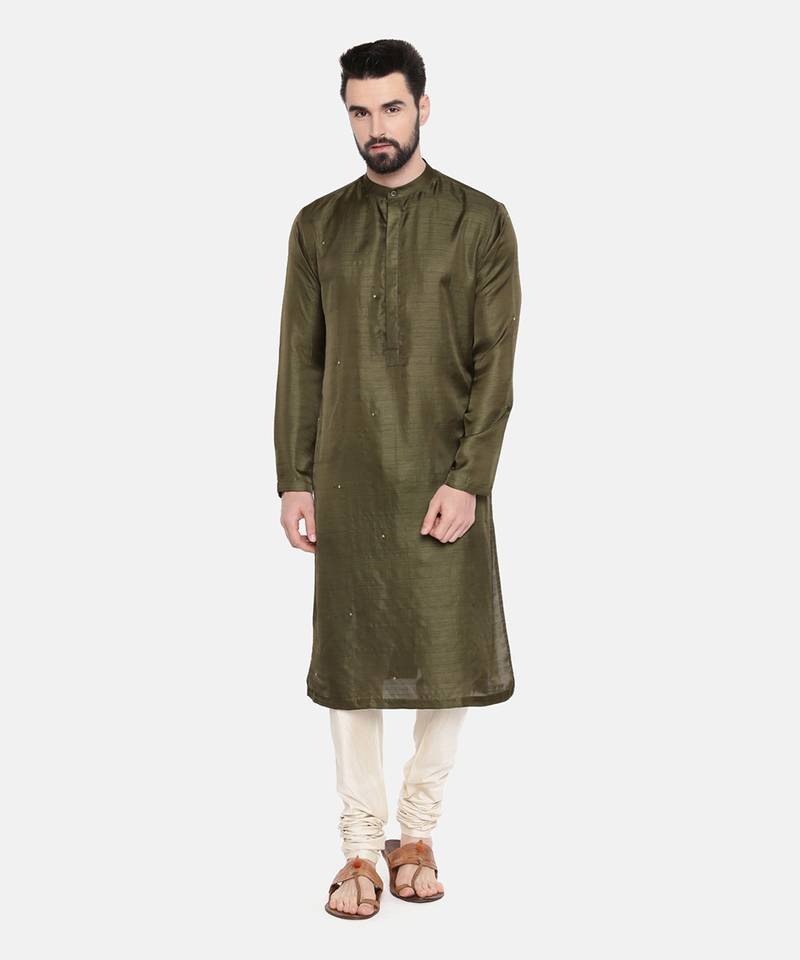 Green Silk Mukesh Kurta Set