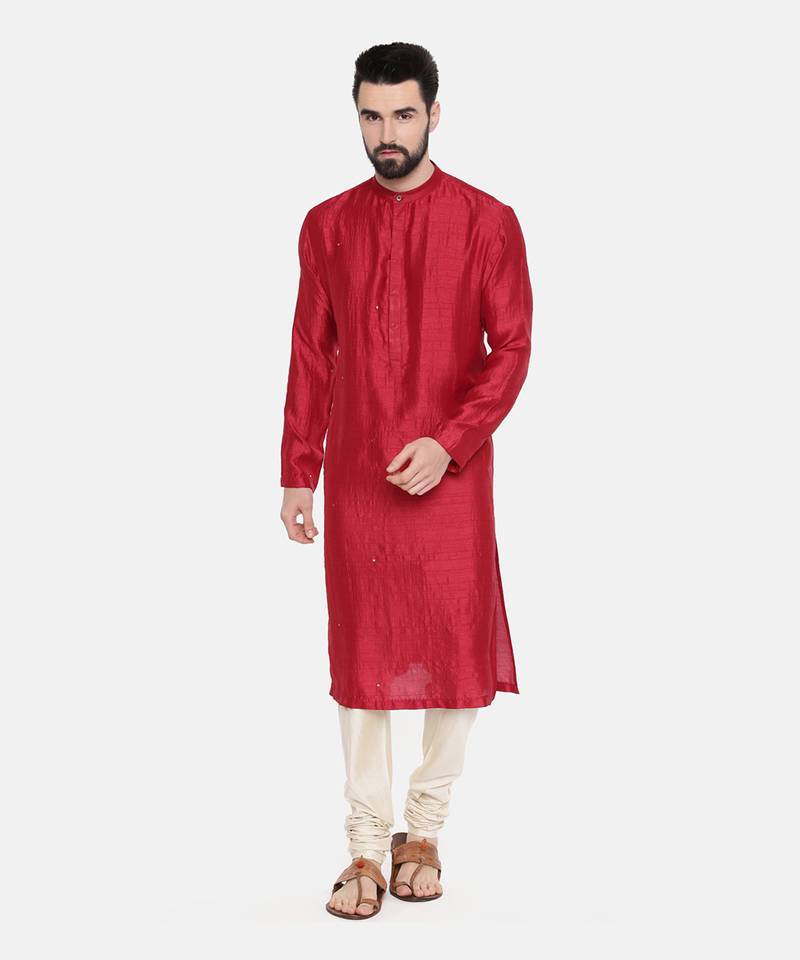 Red Silk Mukesh Kurta Set