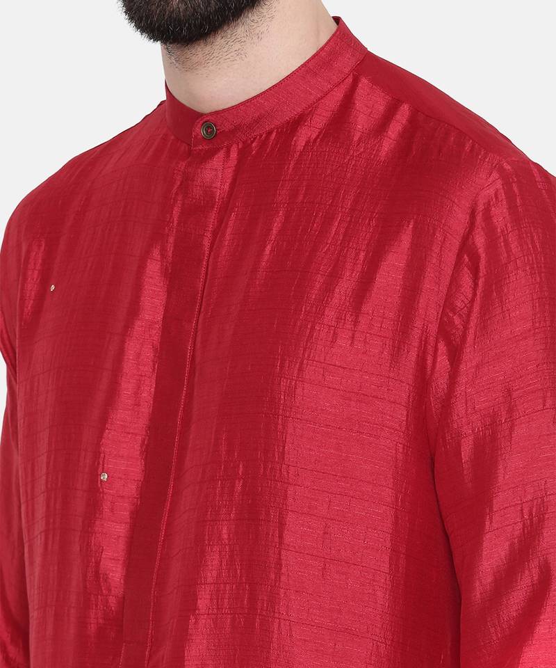 Red Silk Mukesh Kurta Set