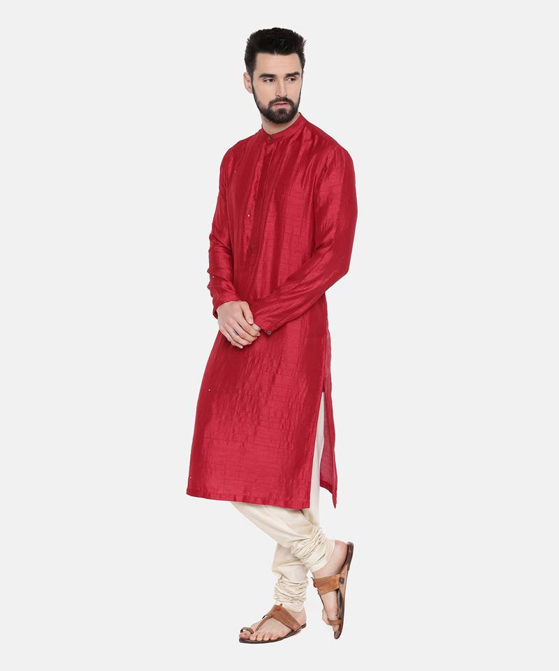 Red Silk Mukesh Kurta Set