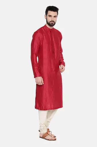 Red Silk Mukesh Kurta Set