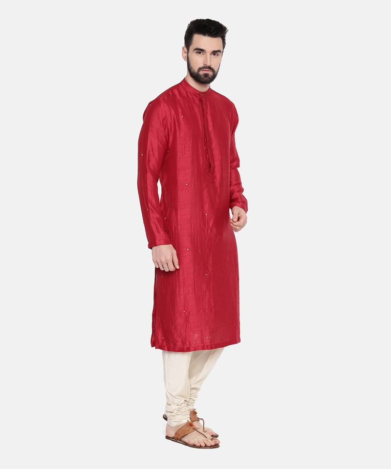 Red Silk Mukesh Kurta Set