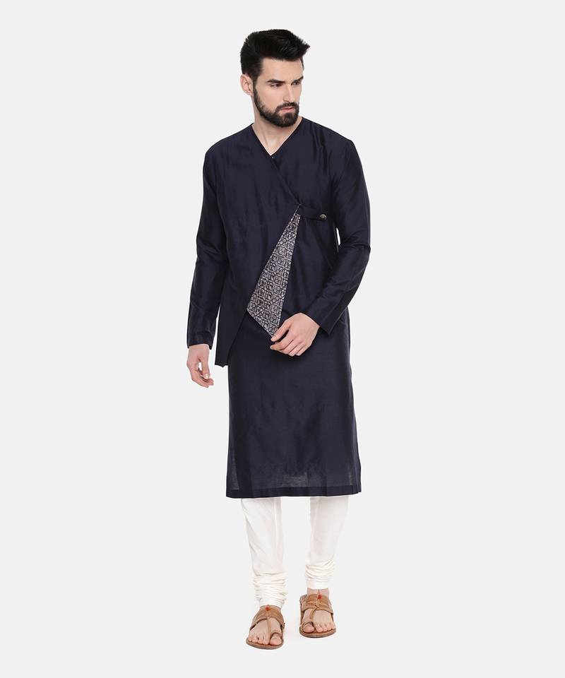 Silk Blue Cut Away Print Kurta Set