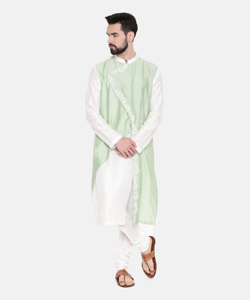Ivory Pastel Green Emb Kurta Set