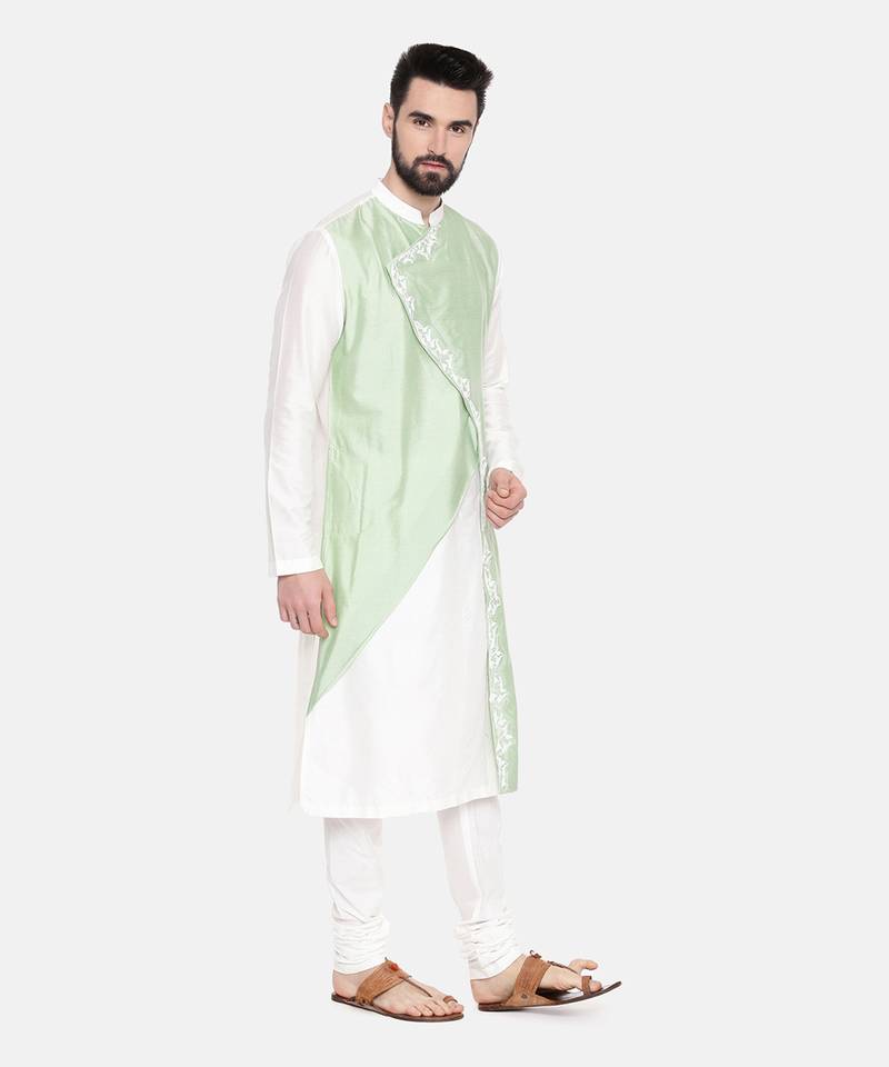 Ivory Pastel Green Emb Kurta Set