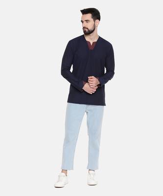 blue malai cotton with red linen collar detail to be paired with denims or linen pants. 1