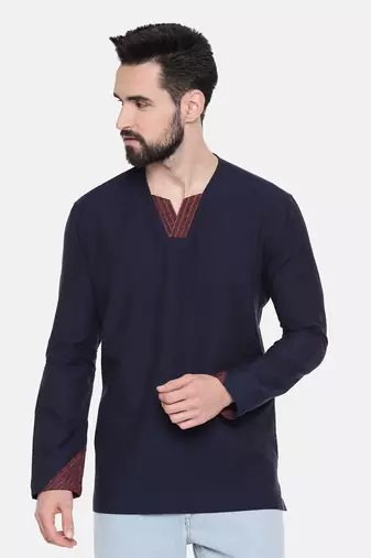 blue malai cotton with red linen collar detail to be paired with denims or linen pants.