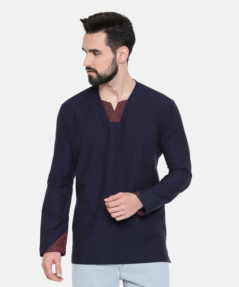 blue malai cotton with red linen collar detail to be paired with denims or linen pants.