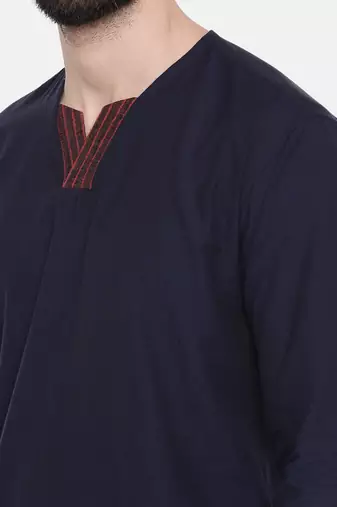 blue malai cotton with red linen collar detail to be paired with denims or linen pants.