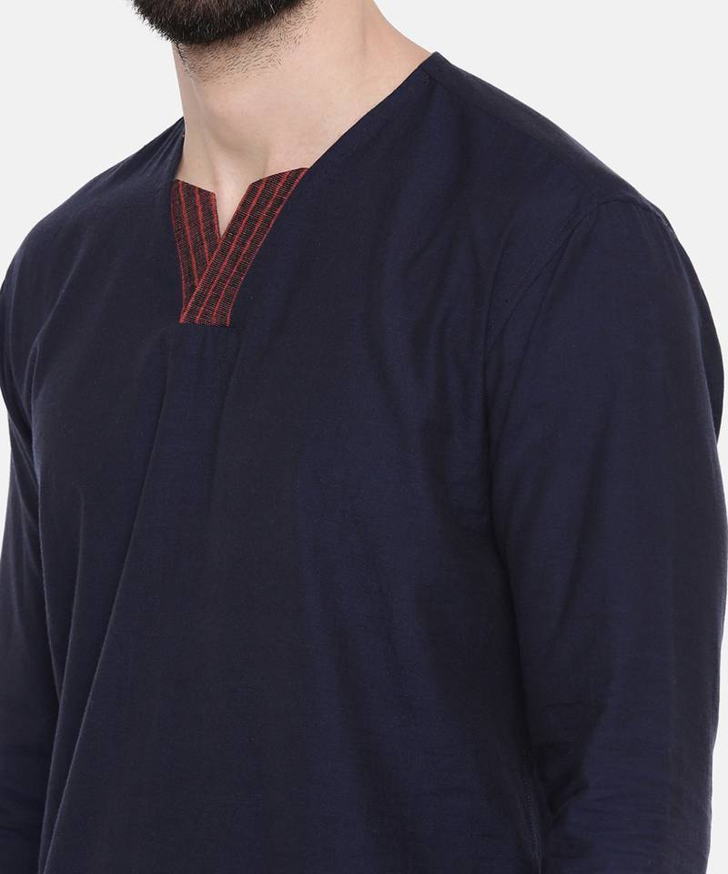 blue malai cotton with red linen collar detail to be paired with denims or linen pants.