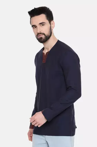 blue malai cotton with red linen collar detail to be paired with denims or linen pants.