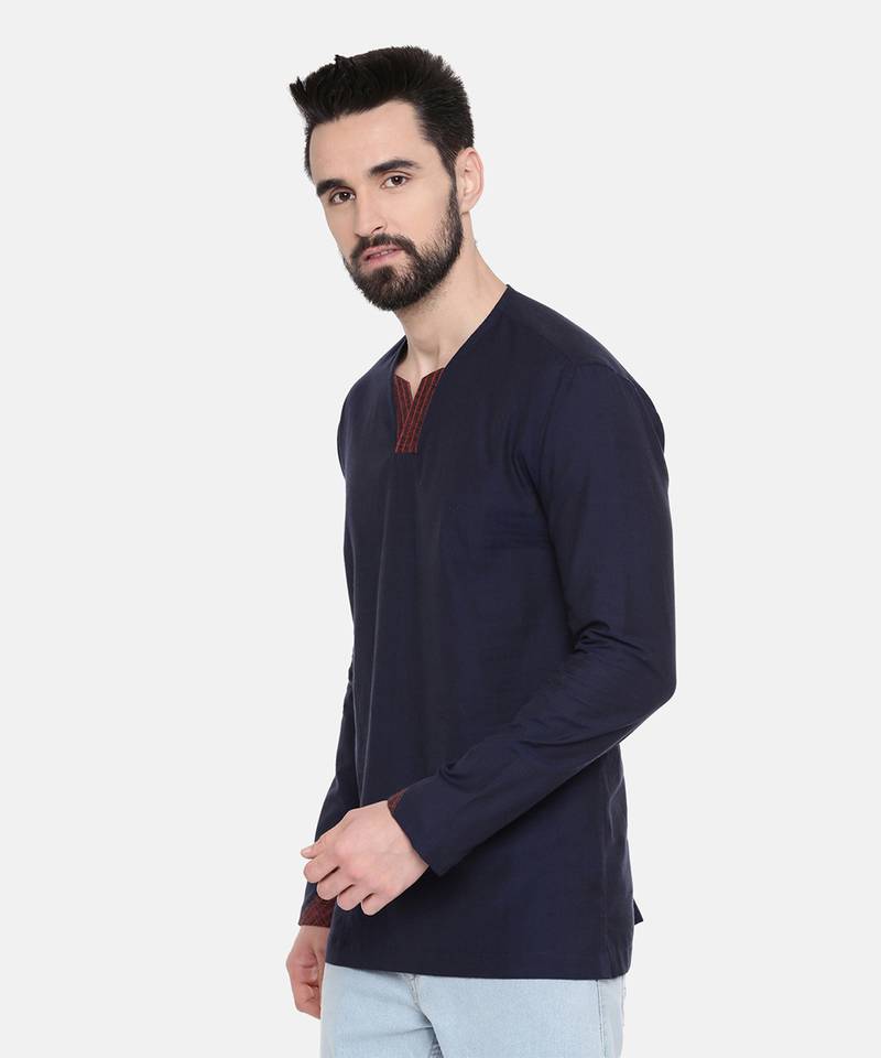 blue malai cotton with red linen collar detail to be paired with denims or linen pants.