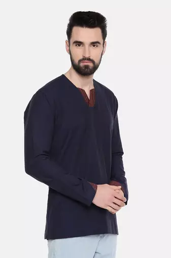 blue malai cotton with red linen collar detail to be paired with denims or linen pants.