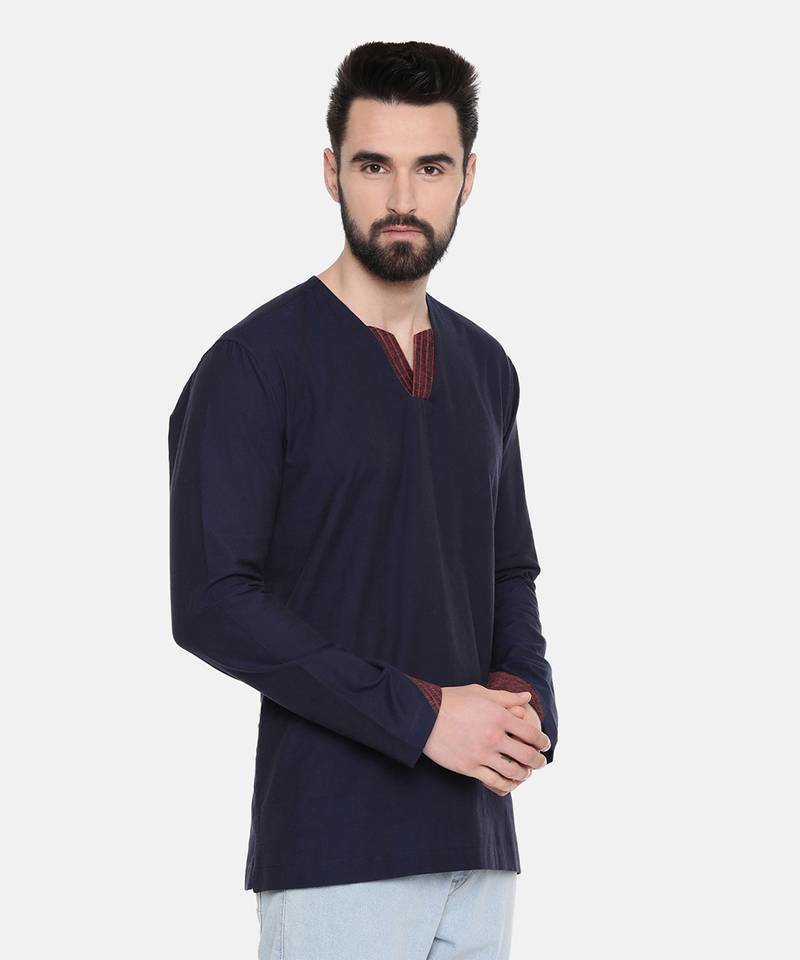 blue malai cotton with red linen collar detail to be paired with denims or linen pants.