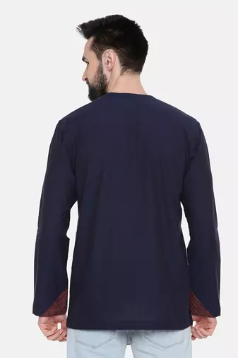 blue malai cotton with red linen collar detail to be paired with denims or linen pants.