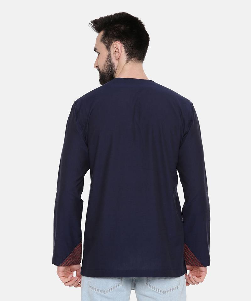 blue malai cotton with red linen collar detail to be paired with denims or linen pants.