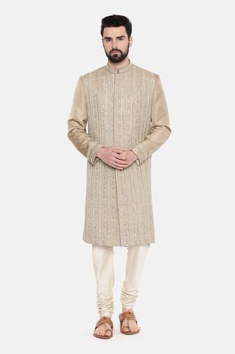 Beige Gold Heavy Hand Embroired Sherwani