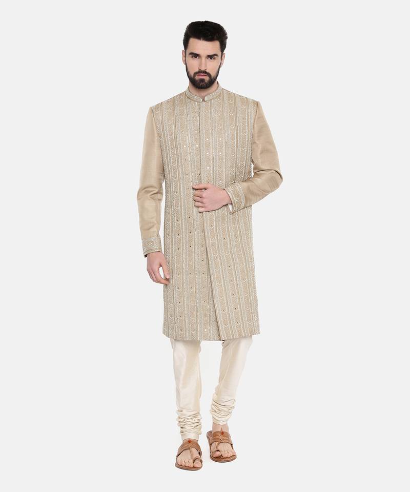 Beige Gold Heavy Hand Embroired Sherwani