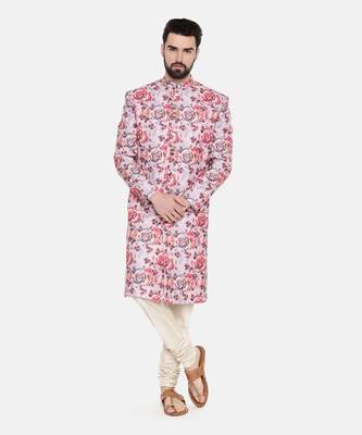 Linen Red Pink Printed Sherwani 1